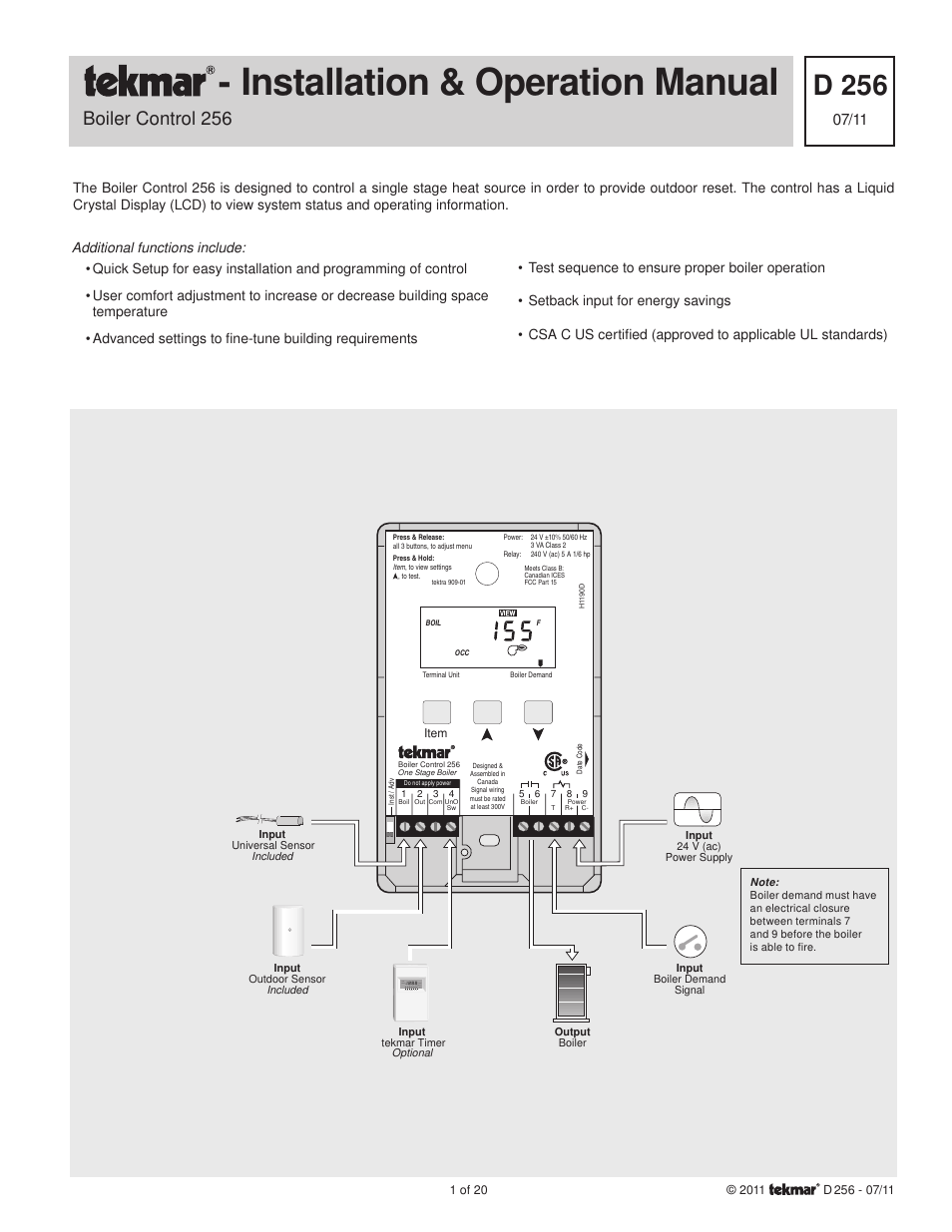 tekmar 256 Boiler Control User Manual | 20 pages