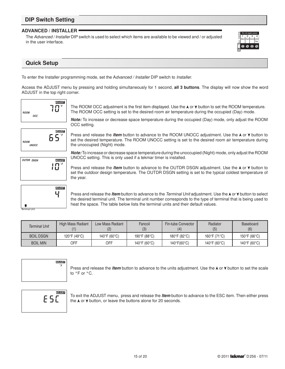 Dip switch setting quick setup | tekmar 256 Boiler Control User Manual | Page 15 / 20