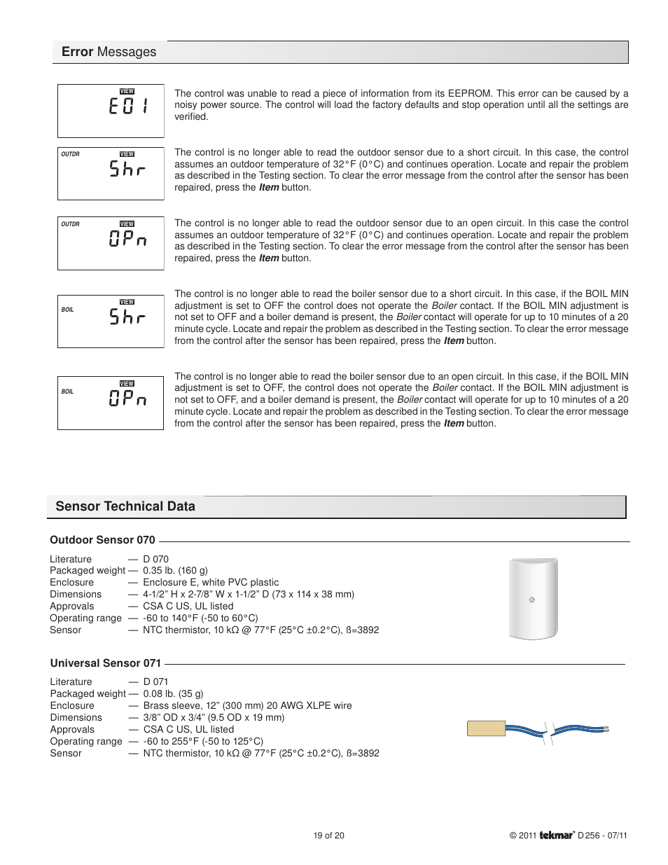 Sensor technical data error messages | tekmar 256 Boiler Control User Manual | Page 19 / 20