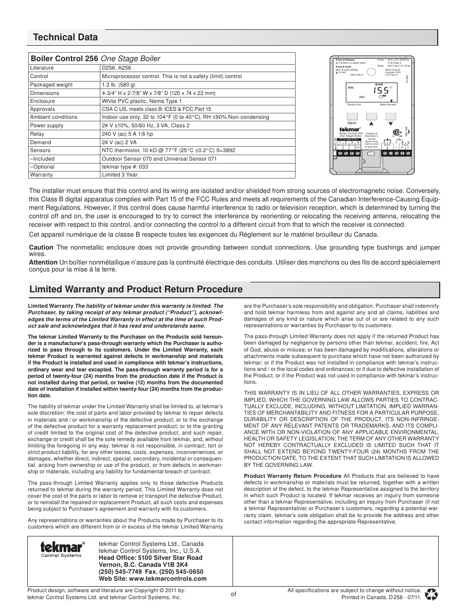 Boiler control 256 one stage boiler, 20 of 20 | tekmar 256 Boiler Control User Manual | Page 20 / 20