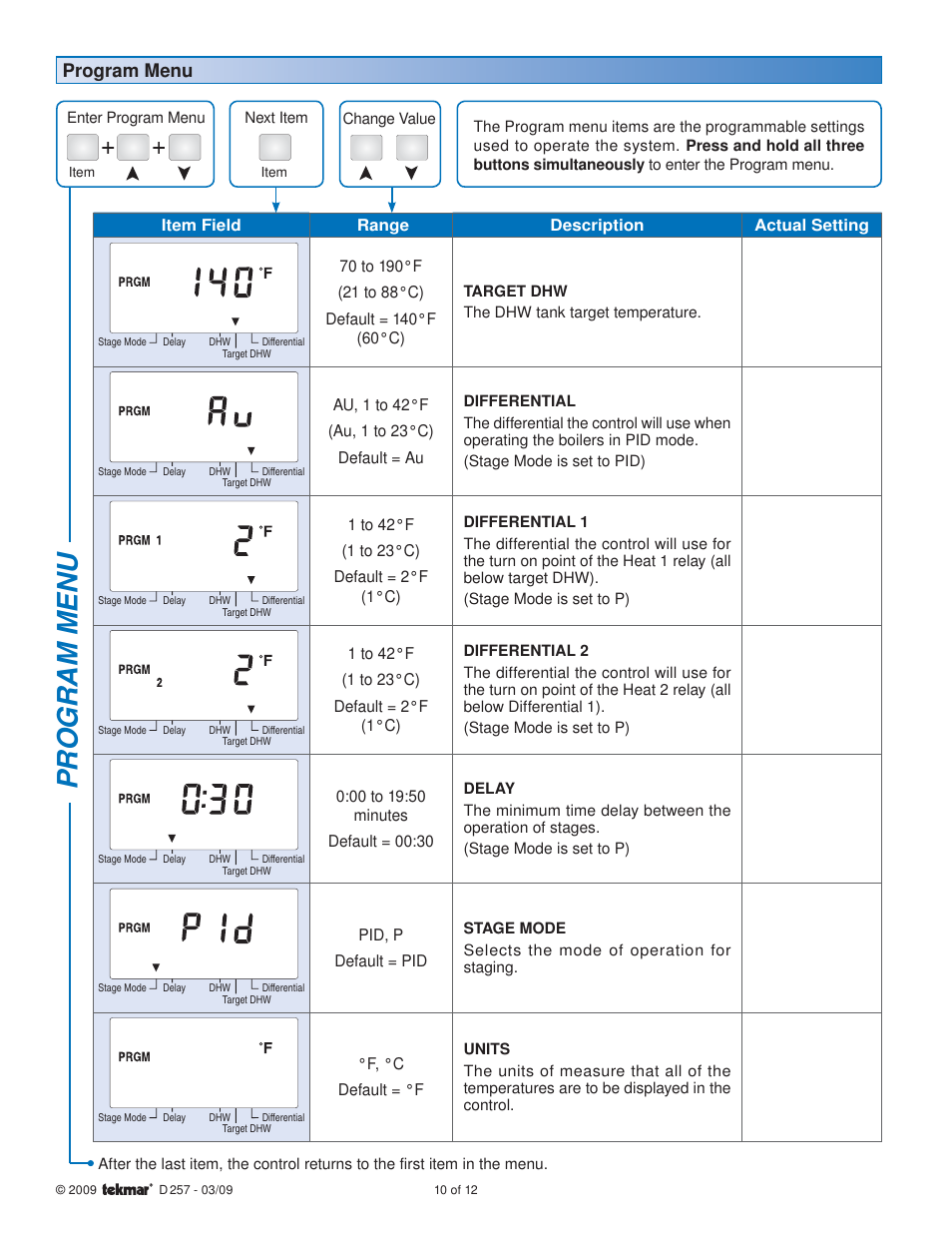Program menu | tekmar 257 DHW Control User Manual | Page 10 / 12