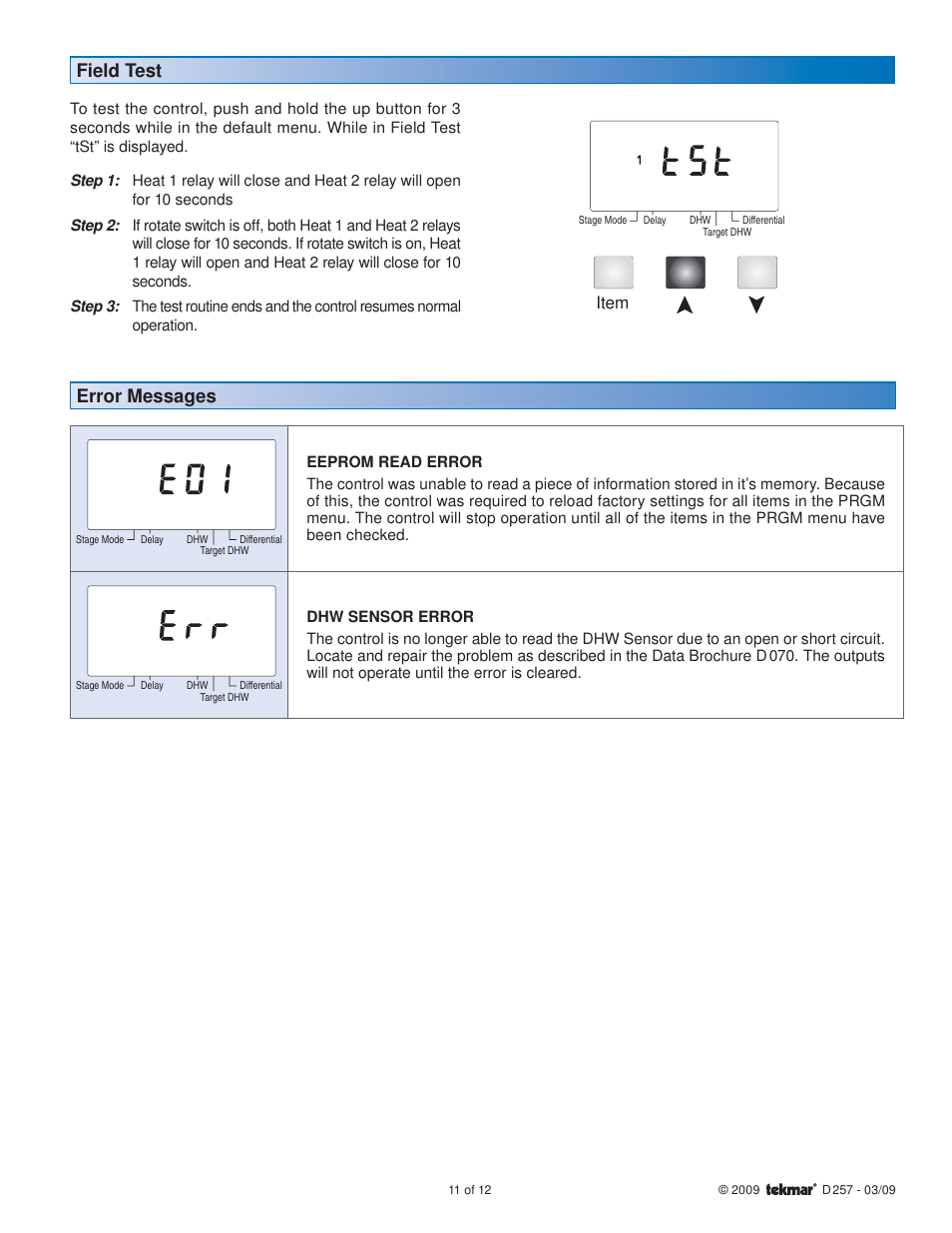 Field test, Error messages, Item | tekmar 257 DHW Control User Manual | Page 11 / 12
