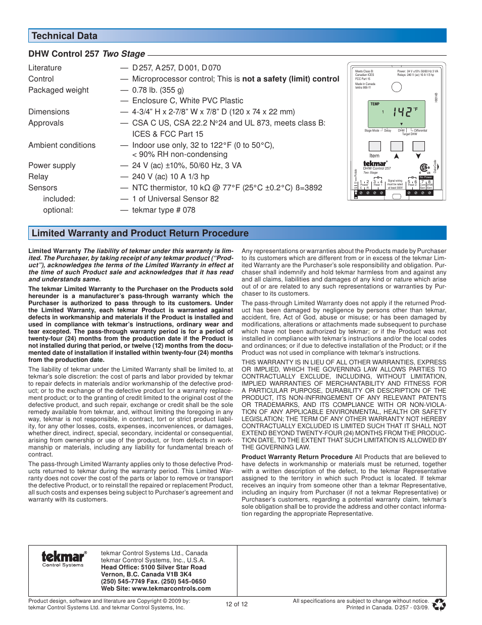 Dhw control 257 two stage | tekmar 257 DHW Control User Manual | Page 12 / 12