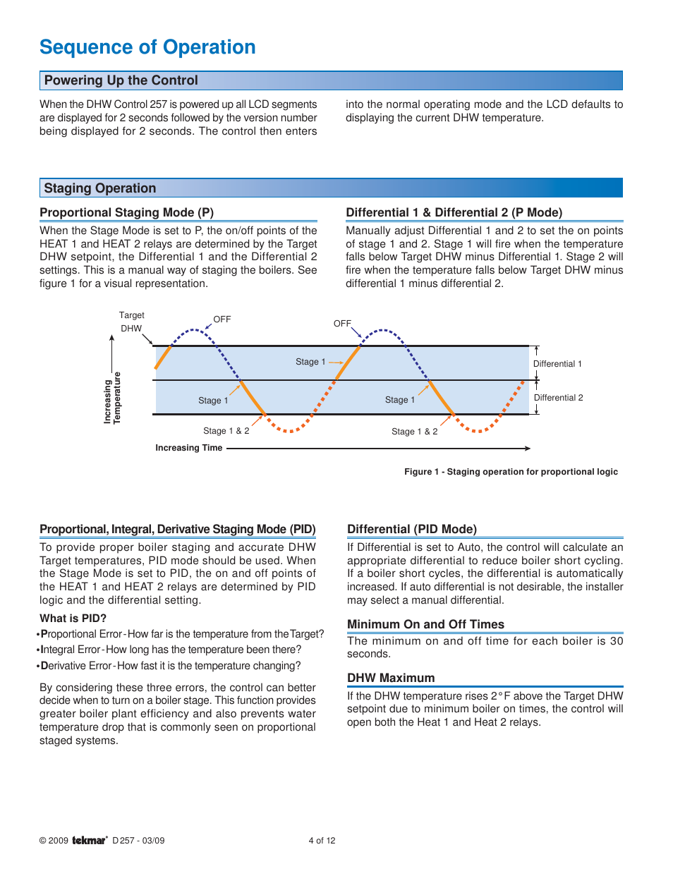 Sequence of operation, Powering up the control staging operation | tekmar 257 DHW Control User Manual | Page 4 / 12