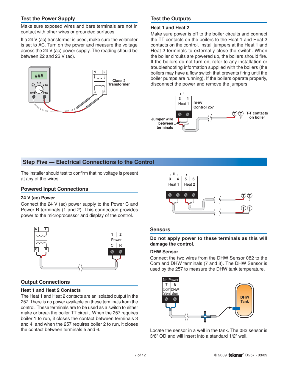 Step five — electrical connections to the control, Test the outputs, Powered input connections | Output connections, Sensors, Test the power supply | tekmar 257 DHW Control User Manual | Page 7 / 12