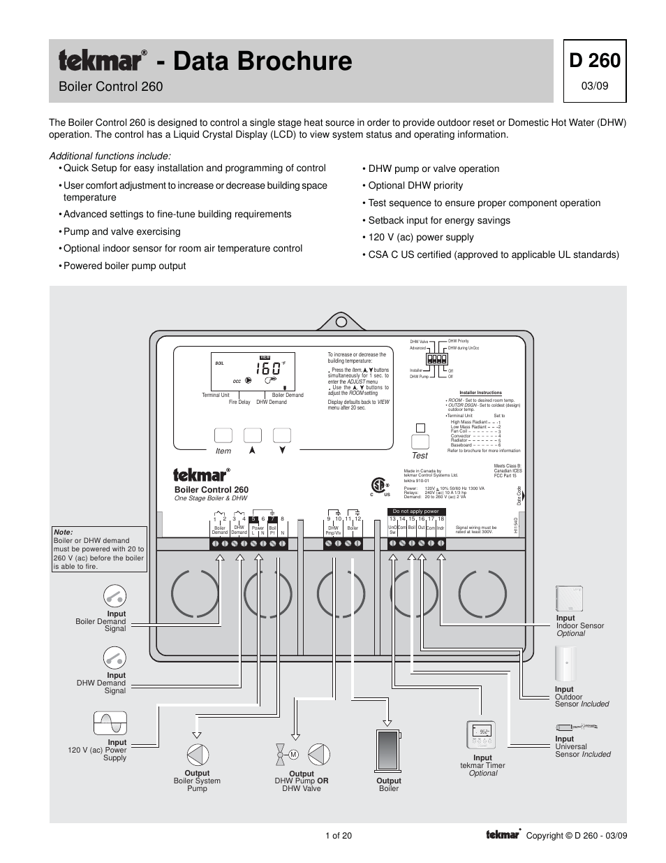 tekmar 260 Boiler Control User Manual | 20 pages