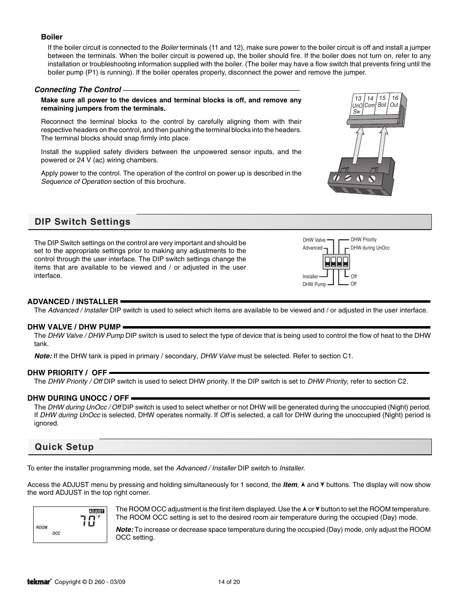 Dip switch settings, Quick setup | tekmar 260 Boiler Control User Manual | Page 14 / 20