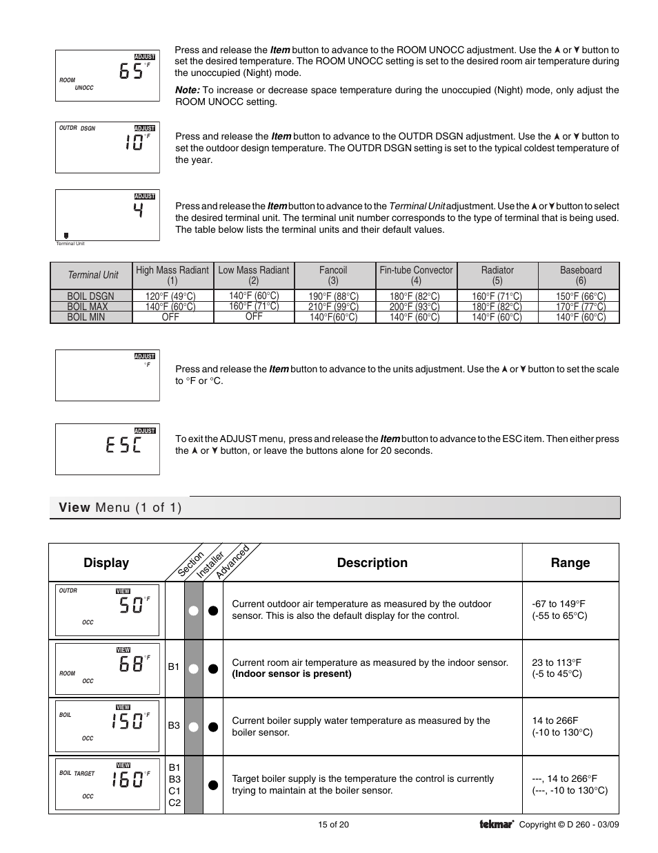 View menu (1 of 1), Display description range | tekmar 260 Boiler Control User Manual | Page 15 / 20