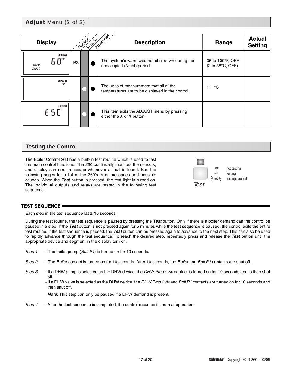 Test, Testing the control, Adjust menu (2 of 2) | Display description range actual setting | tekmar 260 Boiler Control User Manual | Page 17 / 20