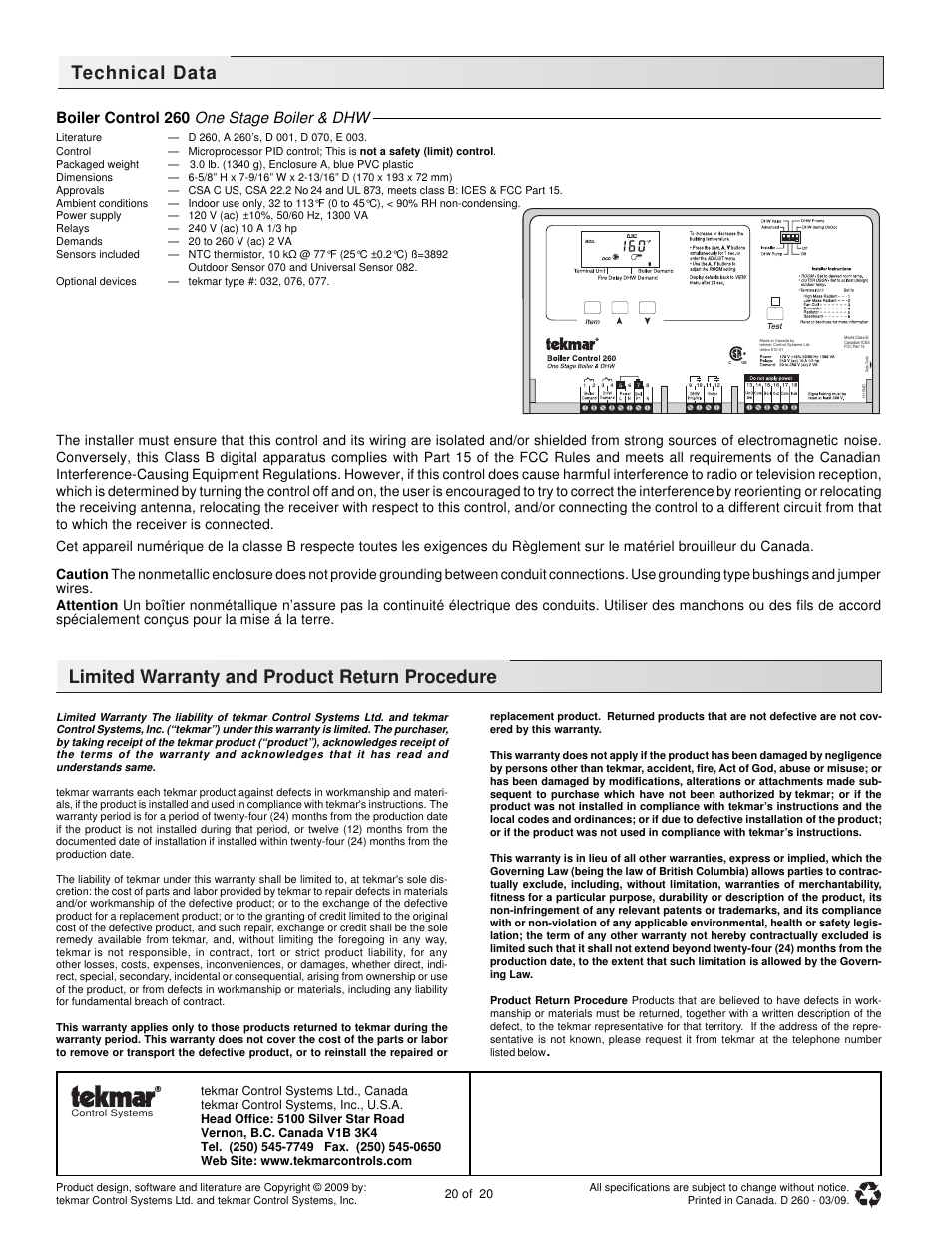 Limited warranty and product return procedure, Technical data, Boiler control 260 one stage boiler & dhw | tekmar 260 Boiler Control User Manual | Page 20 / 20