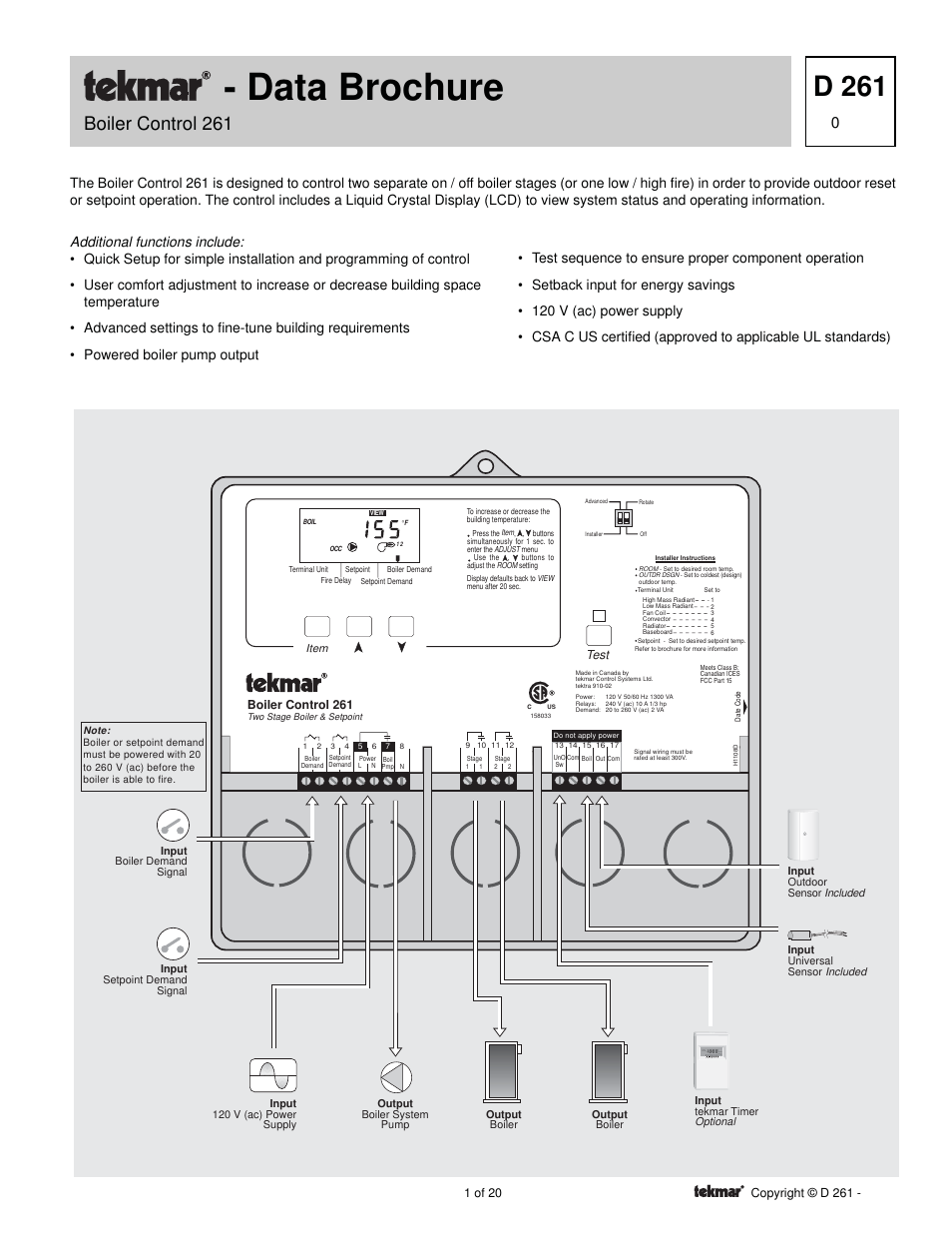tekmar 261 Boiler Control User Manual | 20 pages