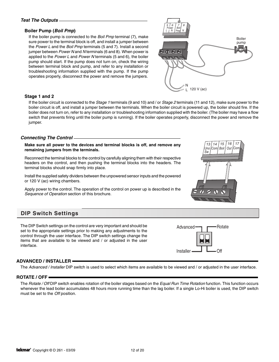 Dip switch settings | tekmar 261 Boiler Control User Manual | Page 12 / 20