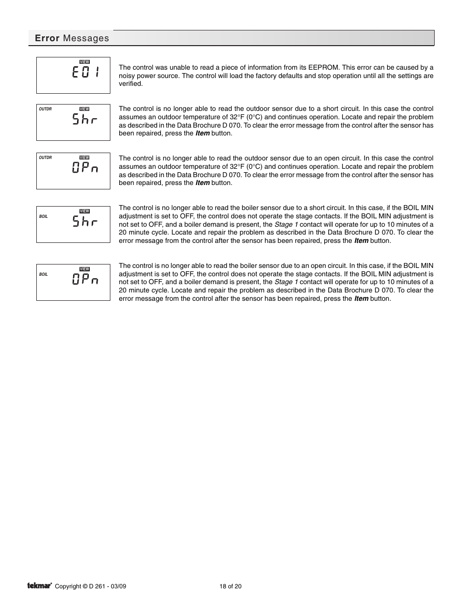 Error messages | tekmar 261 Boiler Control User Manual | Page 18 / 20
