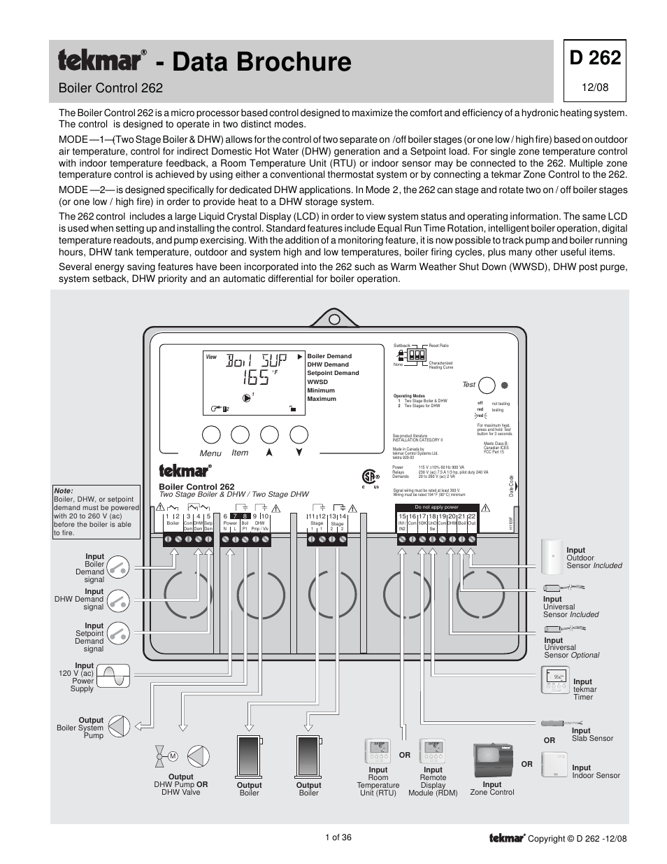 tekmar 262 Boiler Control Installation User Manual | 36 pages