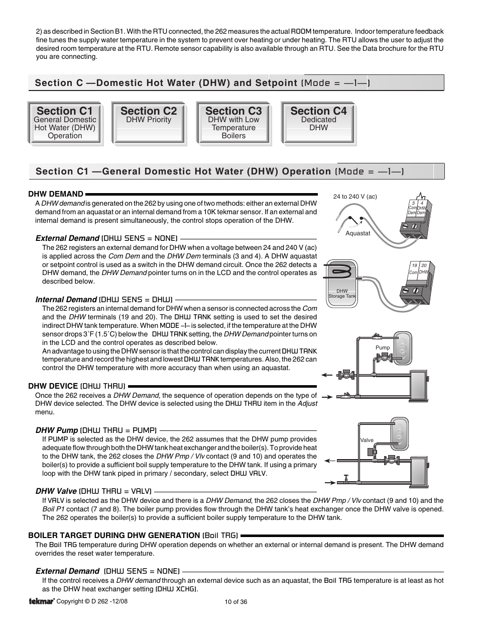 Domestic hot water (dhw) & setpoint, Section c: dhw, Pg 10 | tekmar 262 Boiler Control Installation User Manual | Page 10 / 36