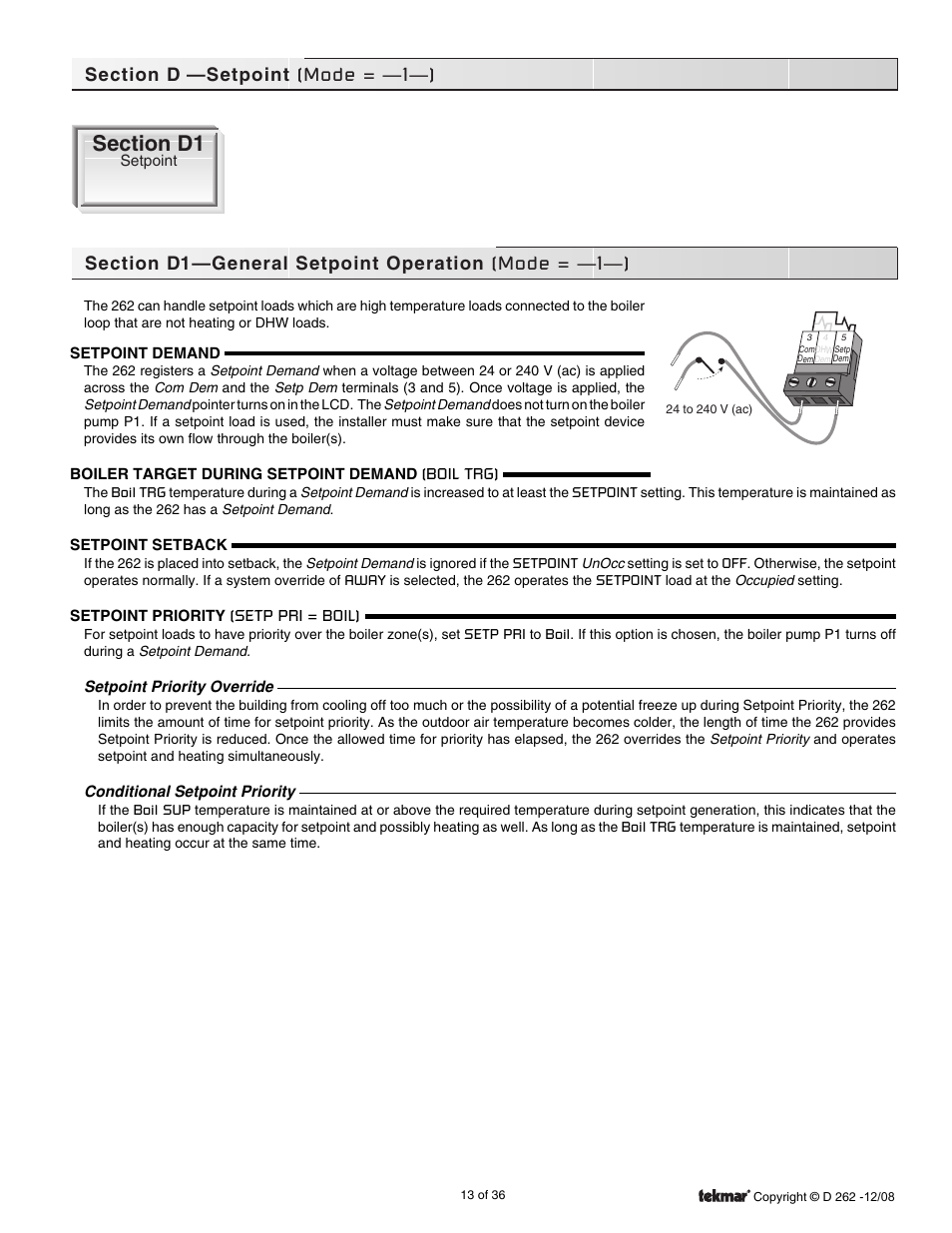 Setpoint, Section d: setpoint, Pg 13 | tekmar 262 Boiler Control Installation User Manual | Page 13 / 36