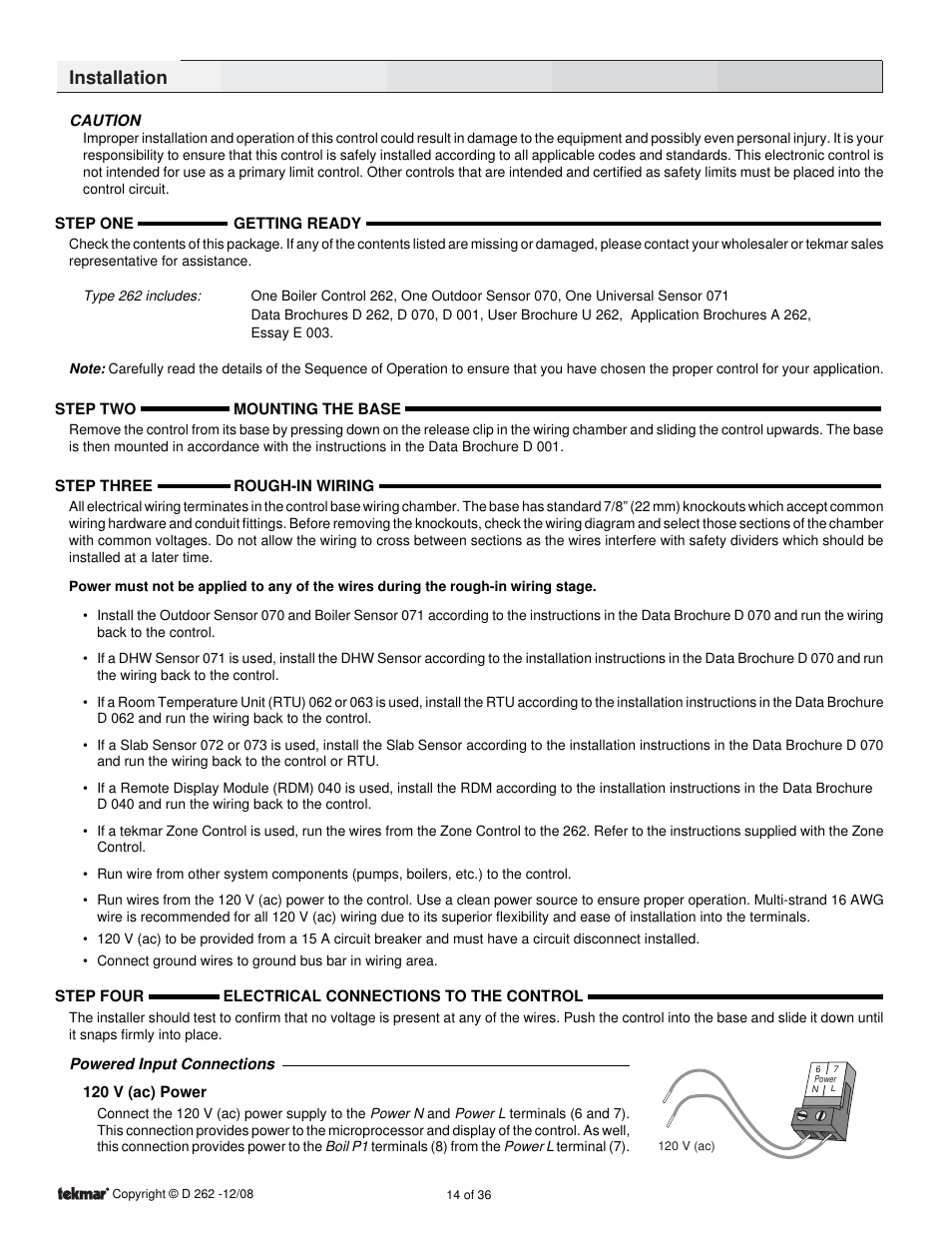 Installation, Pg 14, Electrical connections | tekmar 262 Boiler Control Installation User Manual | Page 14 / 36