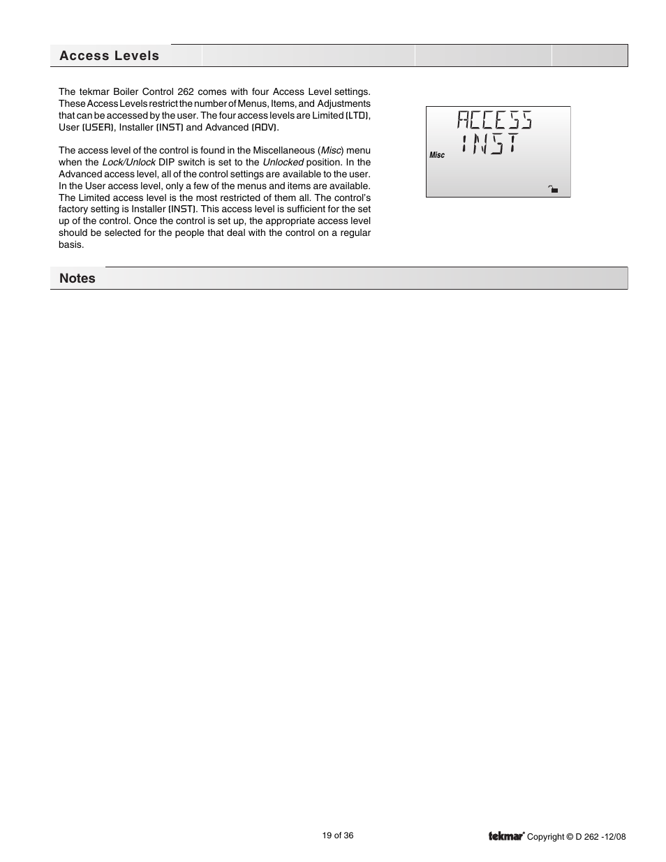 Access levels | tekmar 262 Boiler Control Installation User Manual | Page 19 / 36