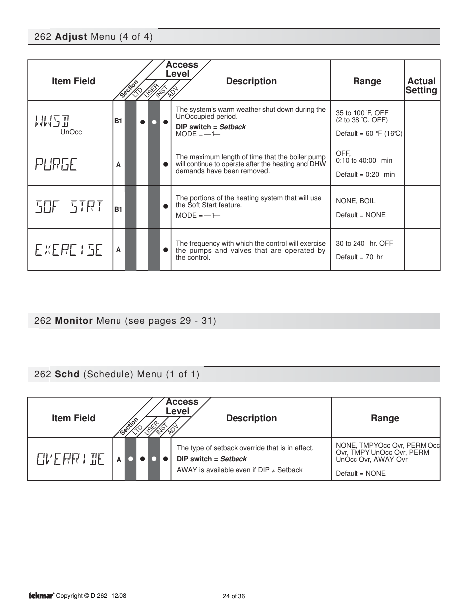 Schd (schedule) menu | tekmar 262 Boiler Control Installation User Manual | Page 24 / 36