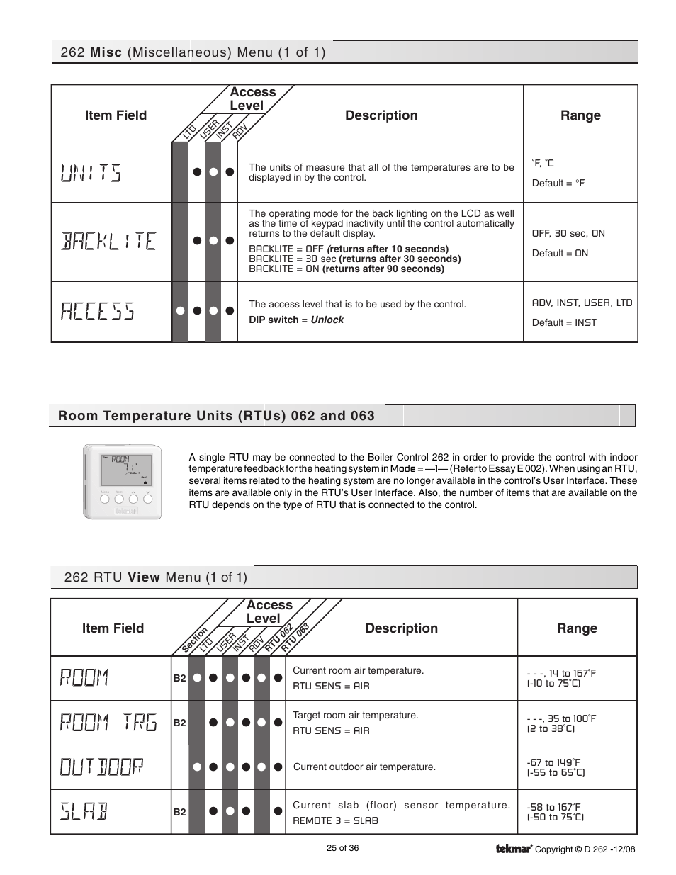 Misc. menu, Room temperature units (rtus) 062 and 063 | tekmar 262 Boiler Control Installation User Manual | Page 25 / 36