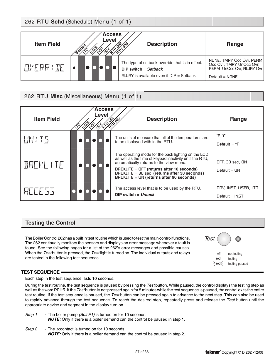 Testing the control | tekmar 262 Boiler Control Installation User Manual | Page 27 / 36
