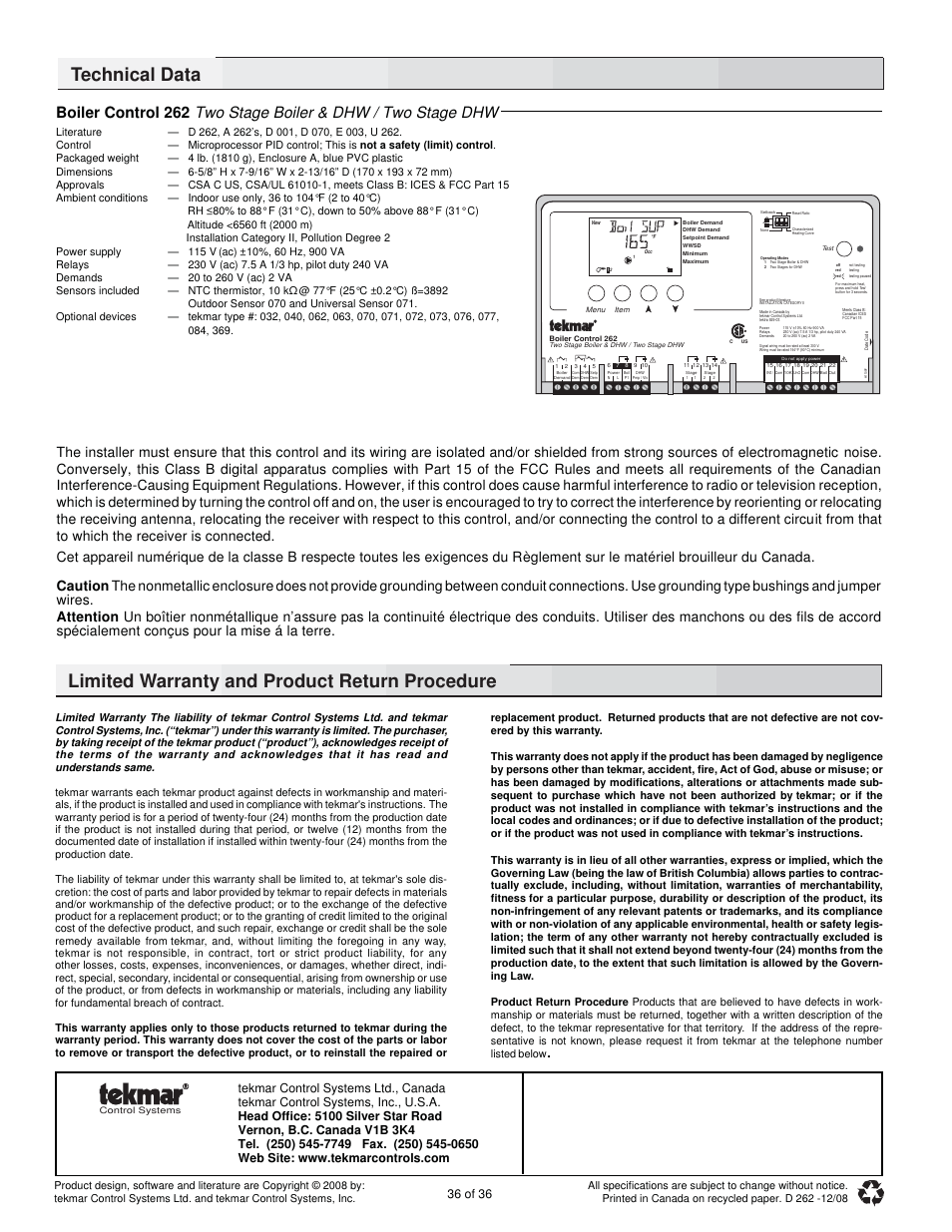 Technical data, Limited warranty and product return procedure, 36 of 36 | tekmar 262 Boiler Control Installation User Manual | Page 36 / 36