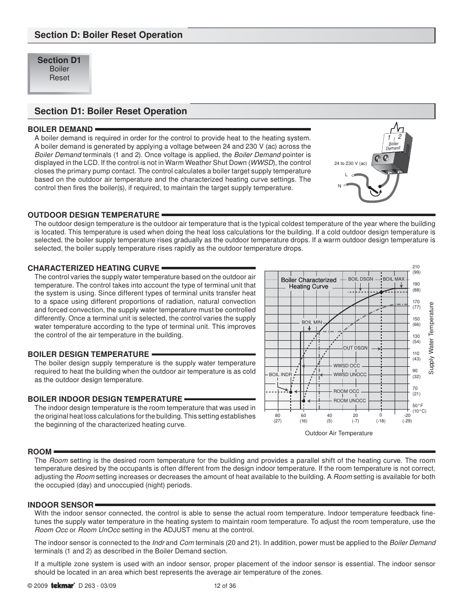 Boiler reset, Boiler demand, Outdoor design temperature | Characterized heating curve, Boiler design temperature, Boiler indoor design temperature, Room, Indoor sensor | tekmar 263 Boiler Control User Manual | Page 12 / 36