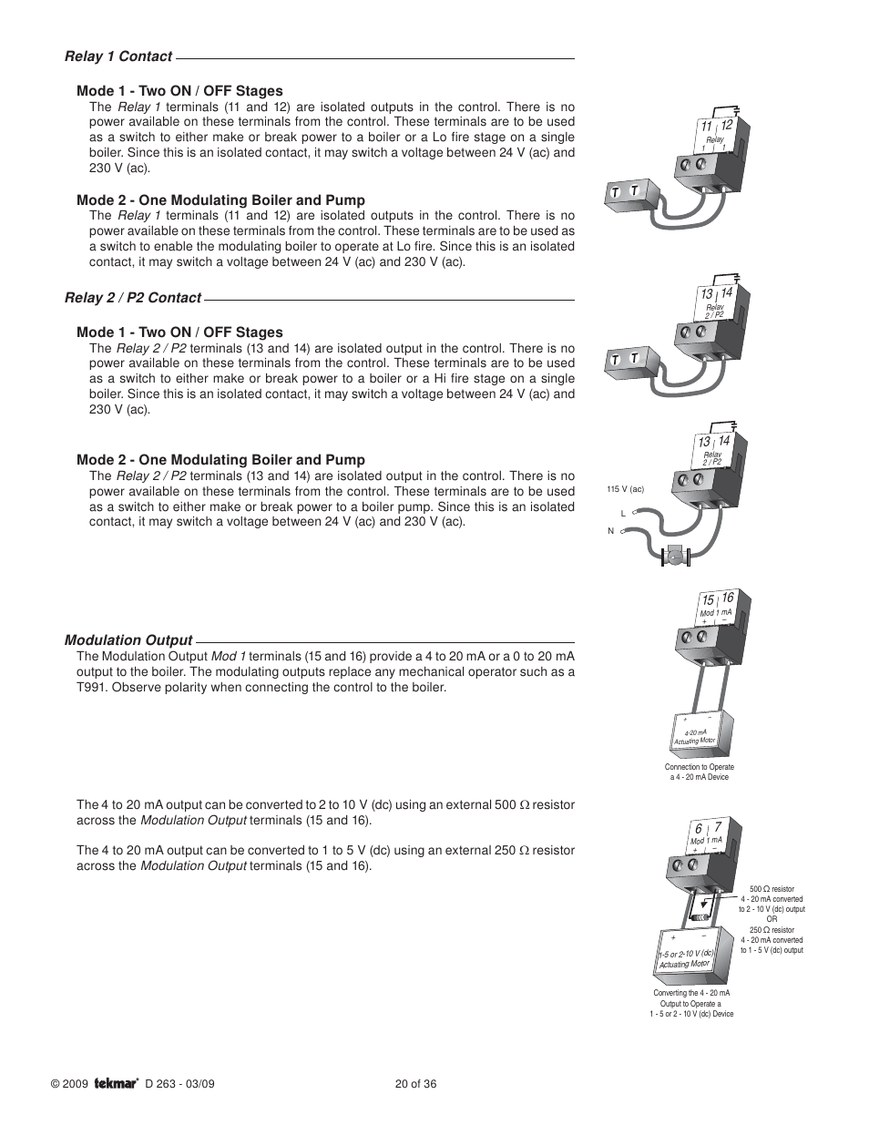 Relay 1 contact mode 1 - two on / off stages, Mode 2 - one modulating boiler and pump, Relay 2 / p2 contact mode 1 - two on / off stages | Modulation output | tekmar 263 Boiler Control User Manual | Page 20 / 36