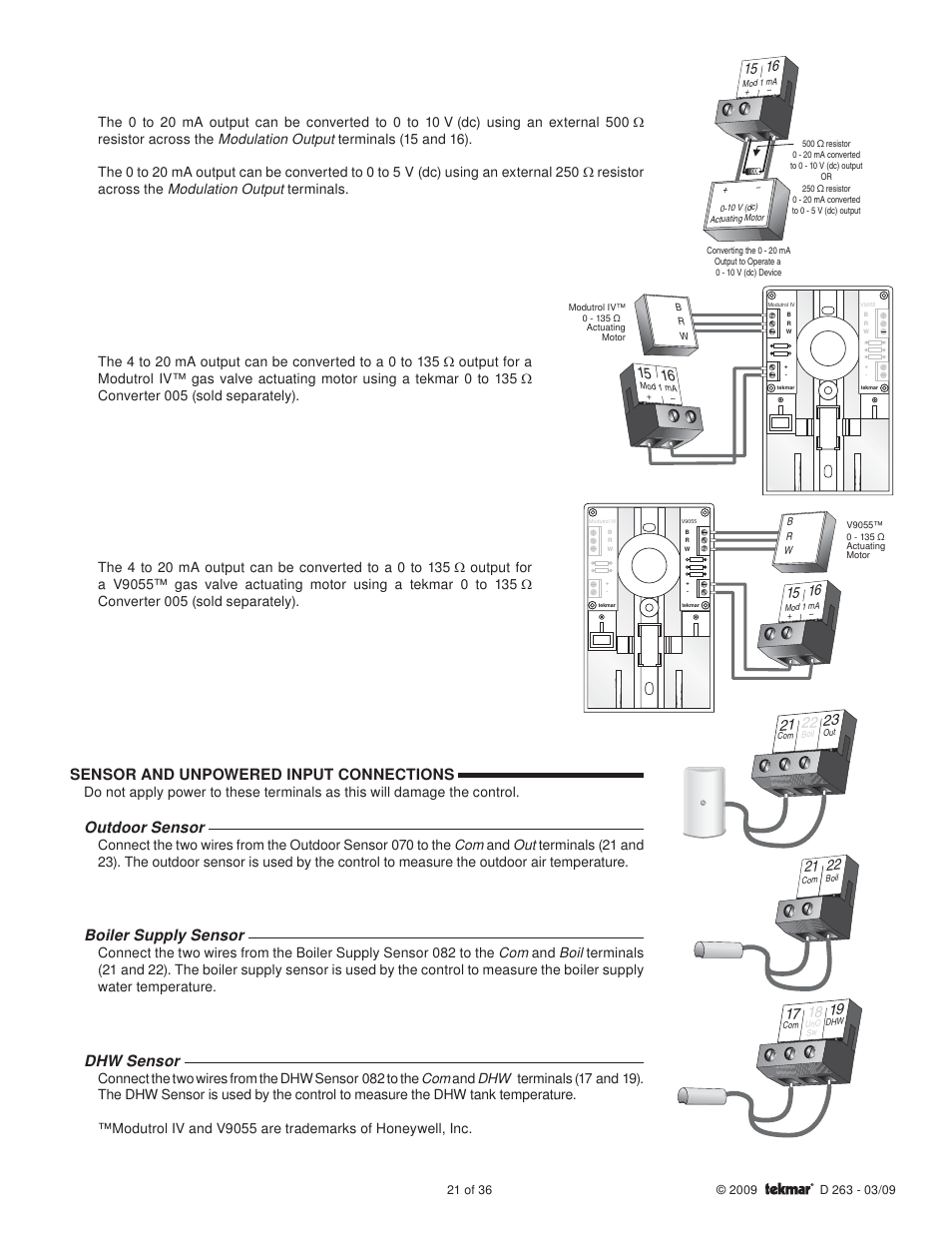 Sensor and unpowered input connections, Outdoor sensor, Boiler supply sensor | Dhw sensor | tekmar 263 Boiler Control User Manual | Page 21 / 36