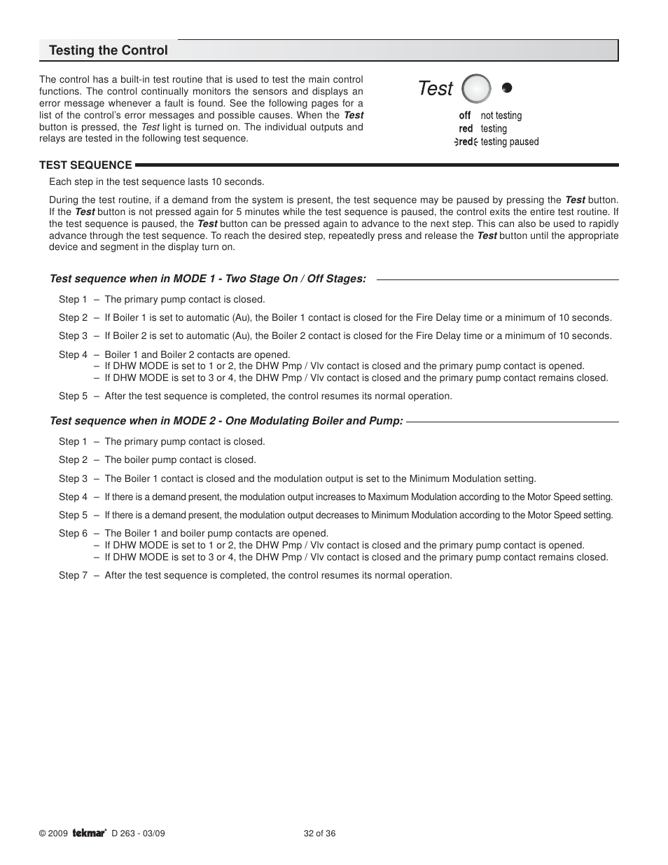 Testing the control | tekmar 263 Boiler Control User Manual | Page 32 / 36