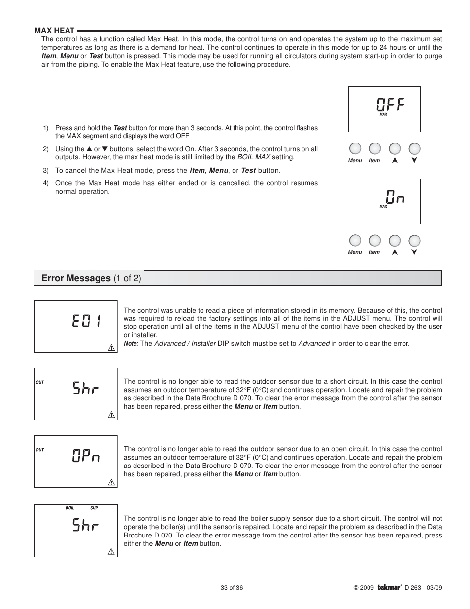 Error messages (1 of 2) | tekmar 263 Boiler Control User Manual | Page 33 / 36