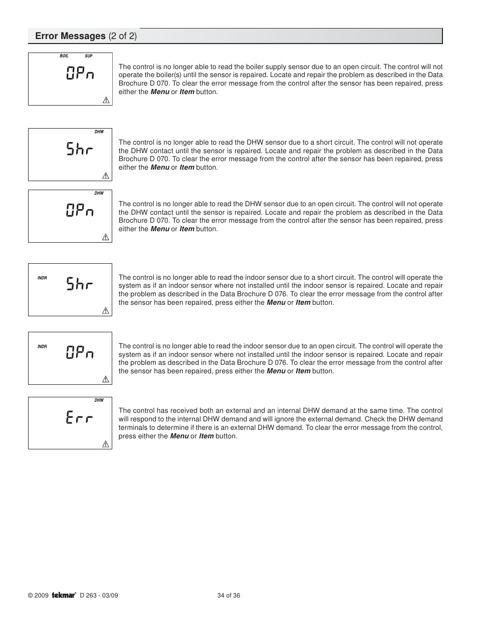 Error messages (2 of 2) | tekmar 263 Boiler Control User Manual | Page 34 / 36