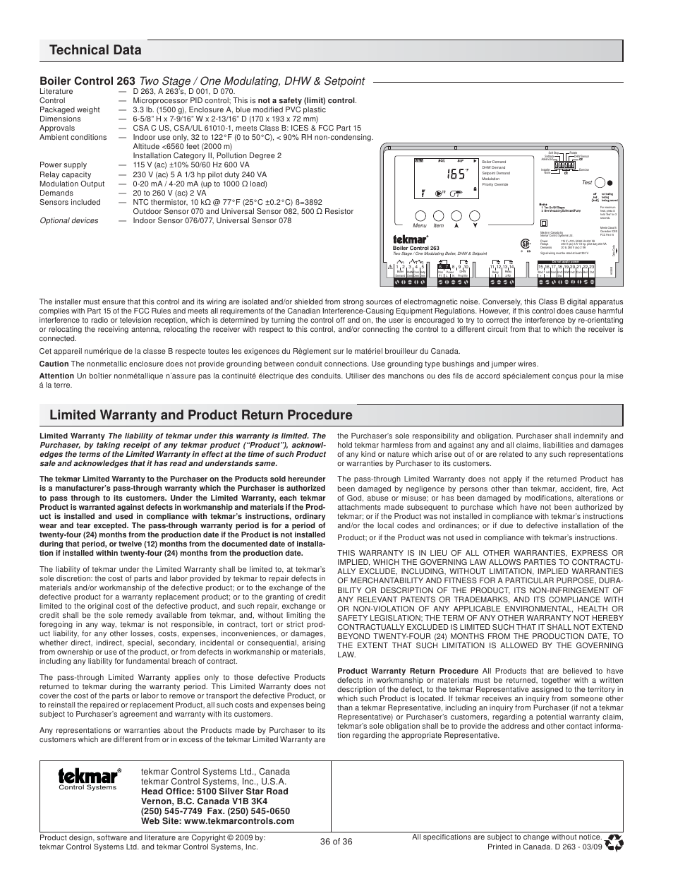 Technical data, Limited warranty and product return procedure, 36 of 36 | tekmar 263 Boiler Control User Manual | Page 36 / 36