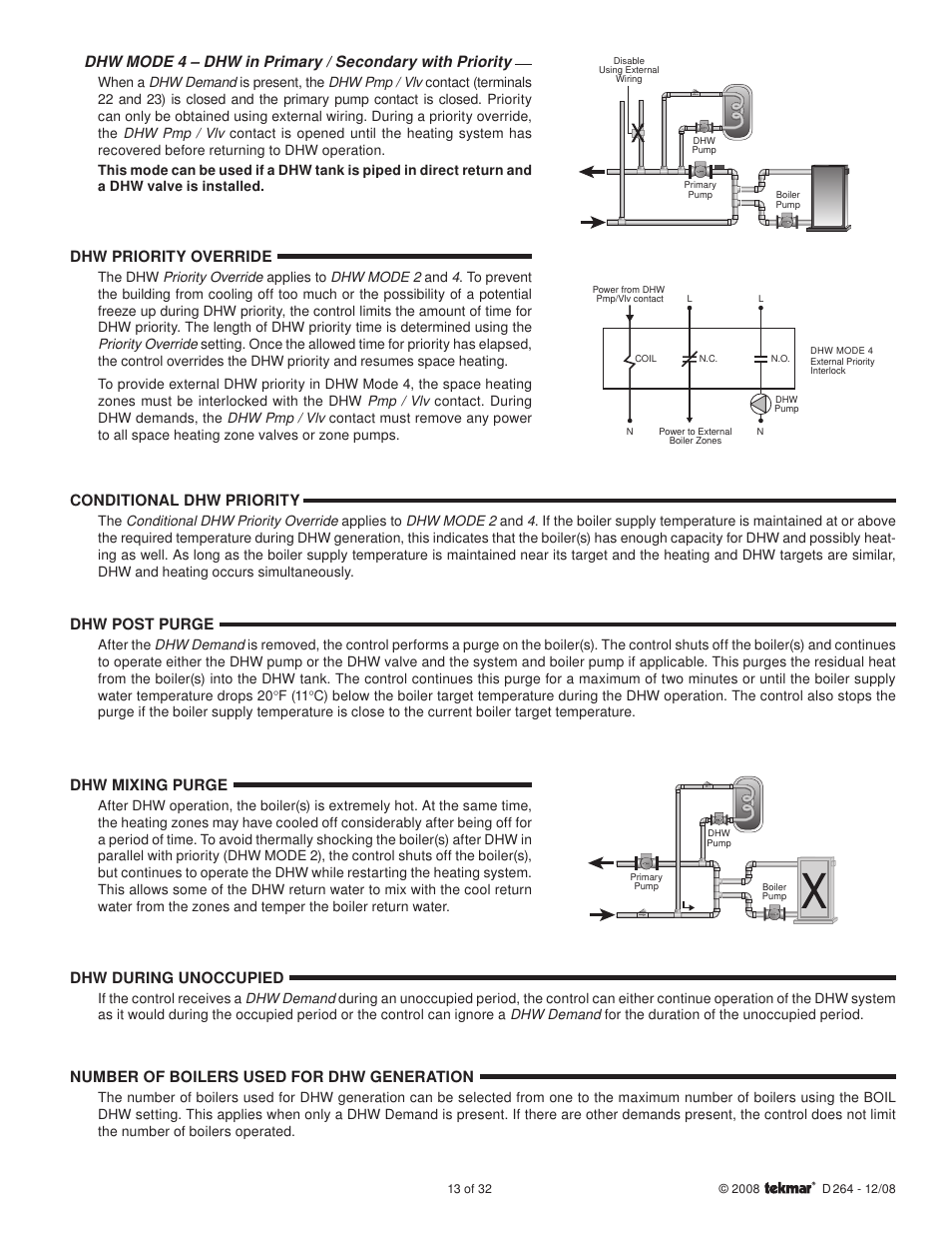 Conditional dhw priority, Dhw post purge, Dhw during unoccupied | Number of boilers used for dhw generation, Dhw mixing purge, Dhw priority override | tekmar 264 Boiler Control User Manual | Page 13 / 32