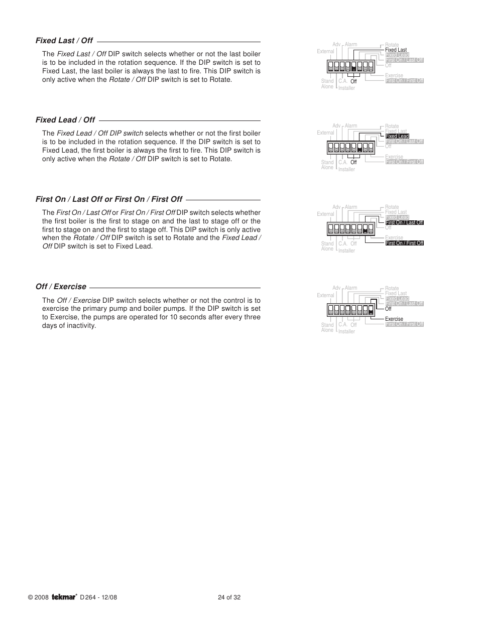 Fixed last / off, Fixed lead / off, First on / last off or first on / first off | Off / exercise | tekmar 264 Boiler Control User Manual | Page 24 / 32