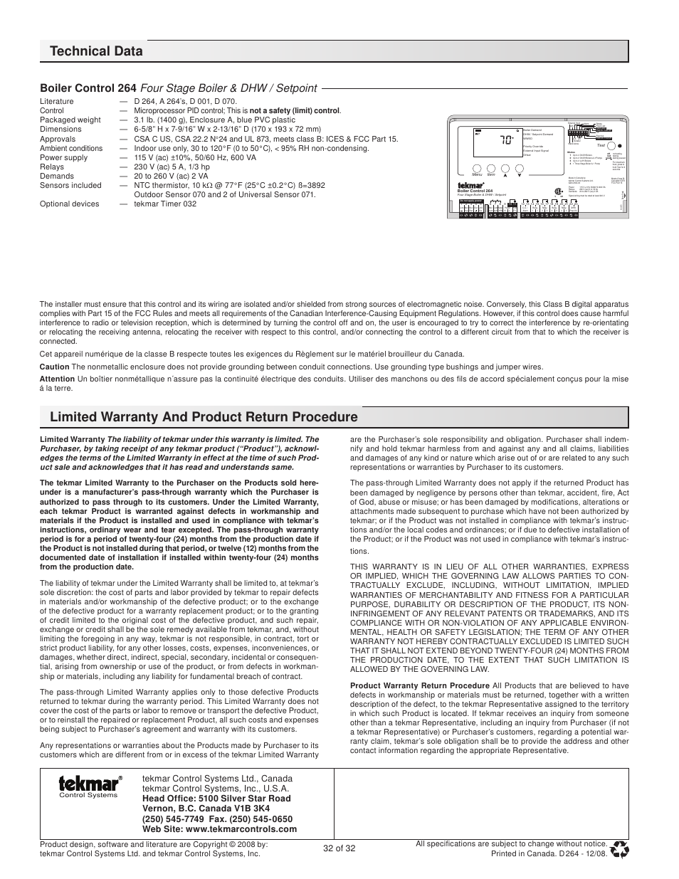 32 of 32 | tekmar 264 Boiler Control User Manual | Page 32 / 32