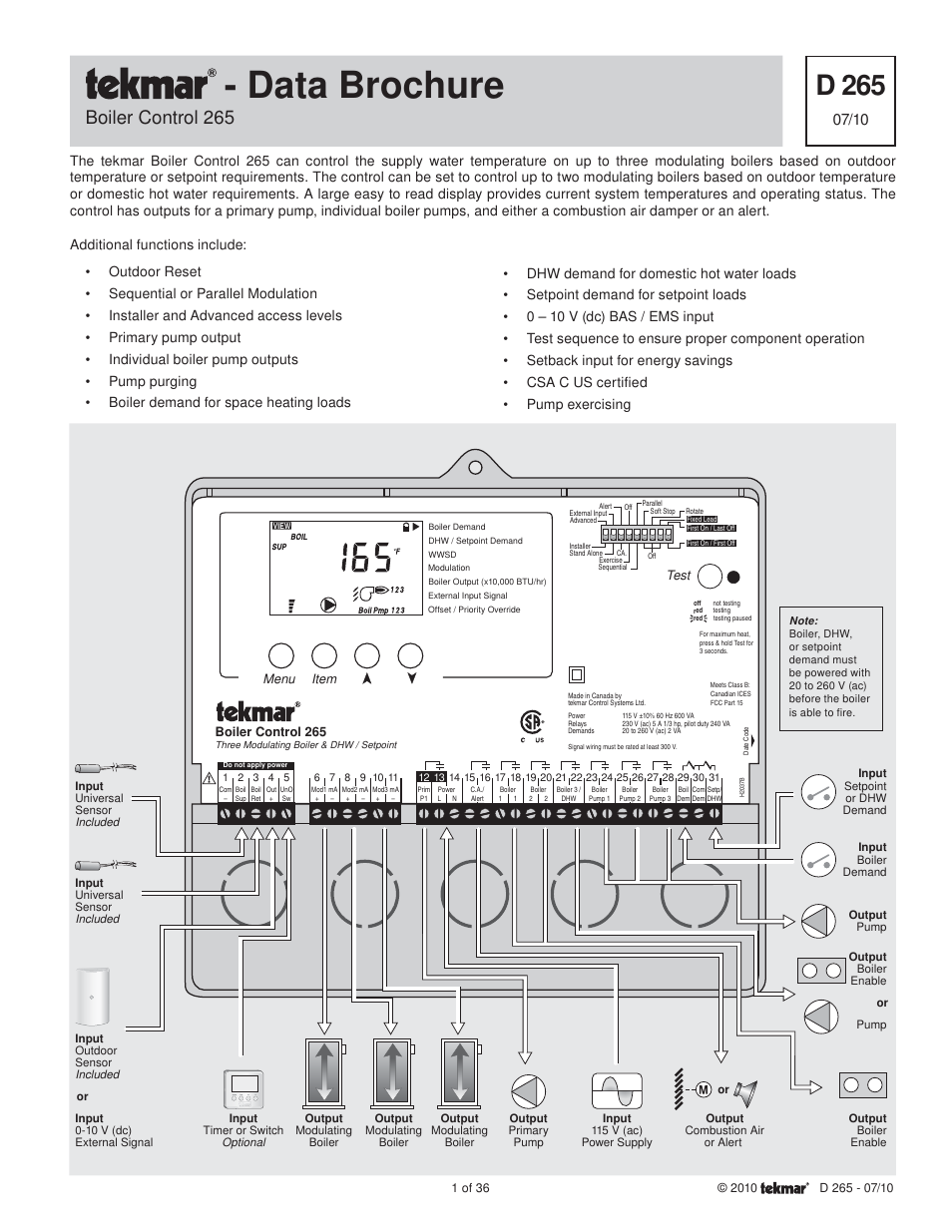 tekmar 265 Boiler Control User Manual | 36 pages