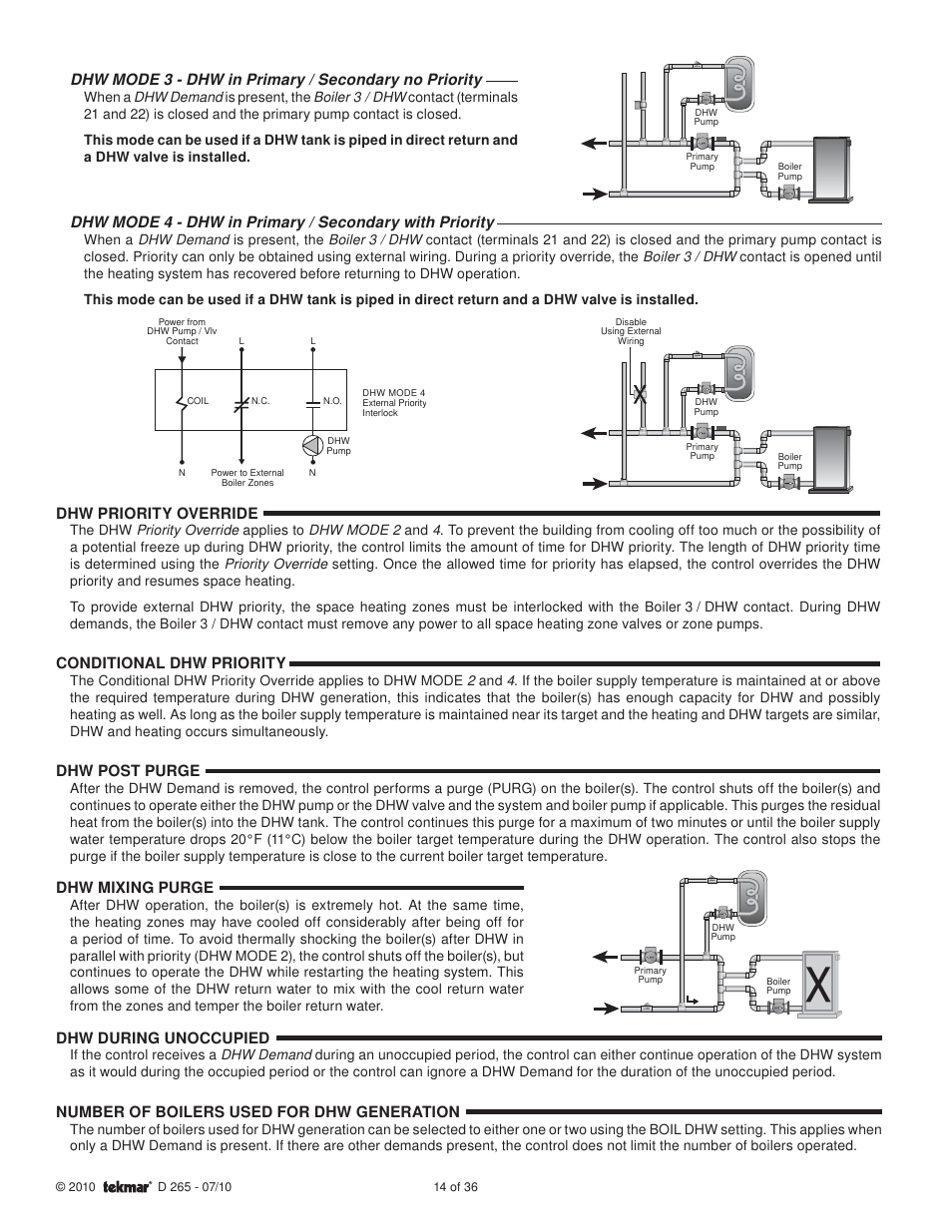 Dhw priority override, Conditional dhw priority, Dhw post purge | Dhw mixing purge, Dhw during unoccupied, Number of boilers used for dhw generation | tekmar 265 Boiler Control User Manual | Page 14 / 36