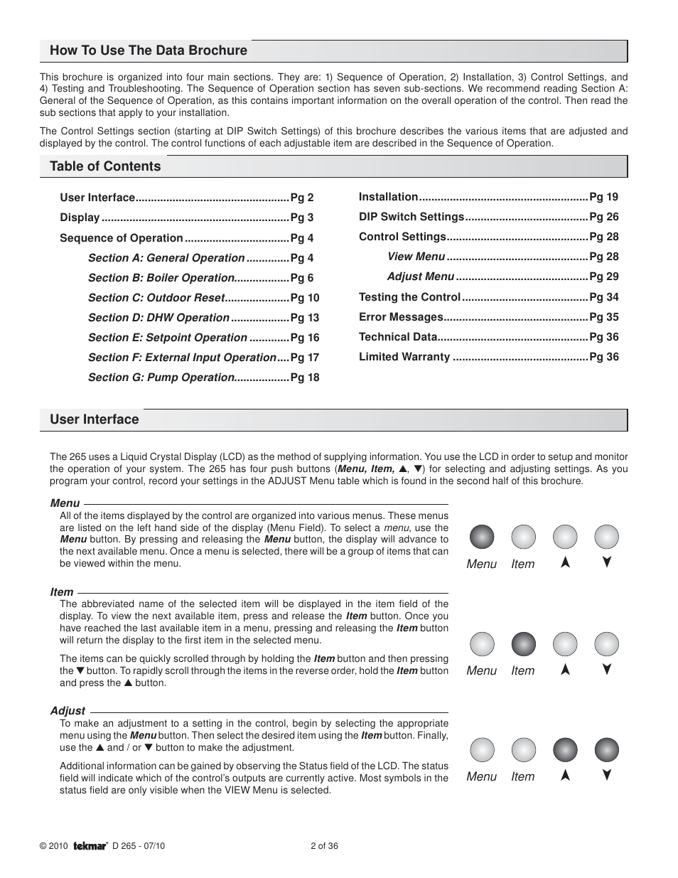 tekmar 265 Boiler Control User Manual | Page 2 / 36