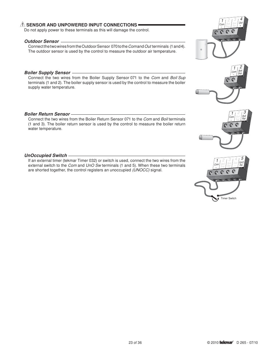 Sensor and unpowered input connections, Outdoor sensor, Boiler supply sensor | Boiler return sensor, Unoccupied switch | tekmar 265 Boiler Control User Manual | Page 23 / 36