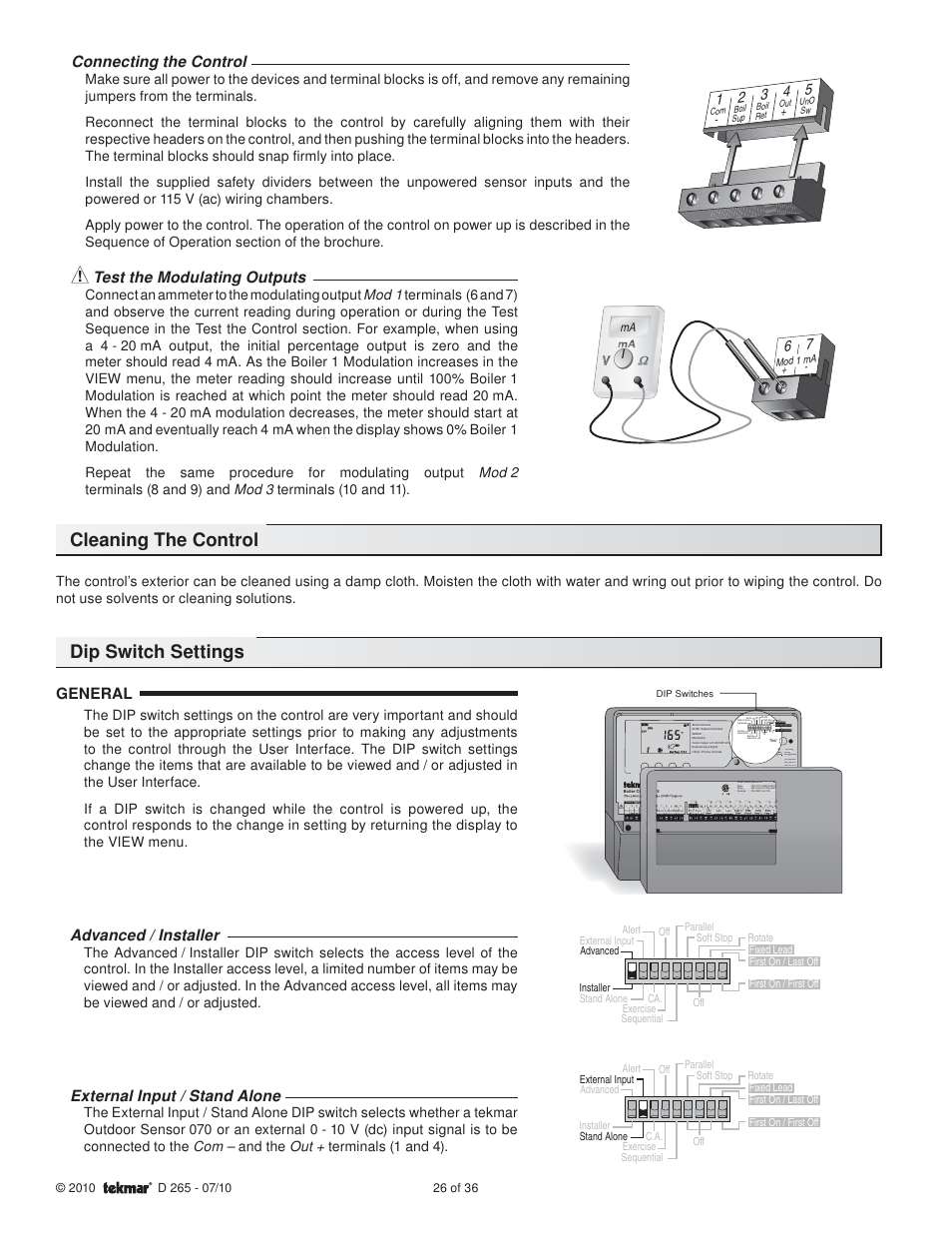 Cleaning the control dip switch settings, Connecting the control, Test the modulating outputs | General, Advanced / installer, External input / stand alone | tekmar 265 Boiler Control User Manual | Page 26 / 36