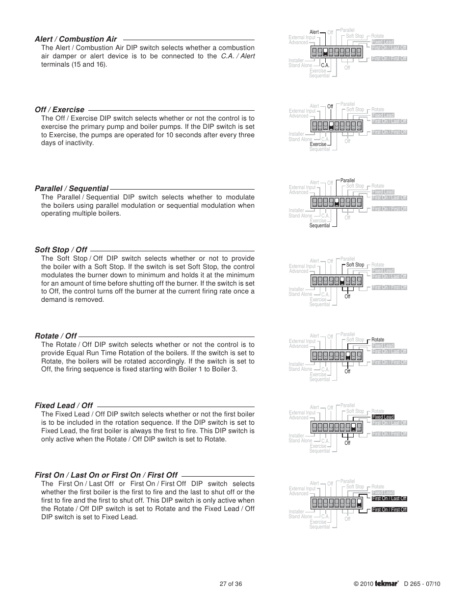 Alert / combustion air, Off / exercise, Parallel / sequential | Soft stop / off, Rotate / off, Fixed lead / off, First on / last on or first on / first off | tekmar 265 Boiler Control User Manual | Page 27 / 36