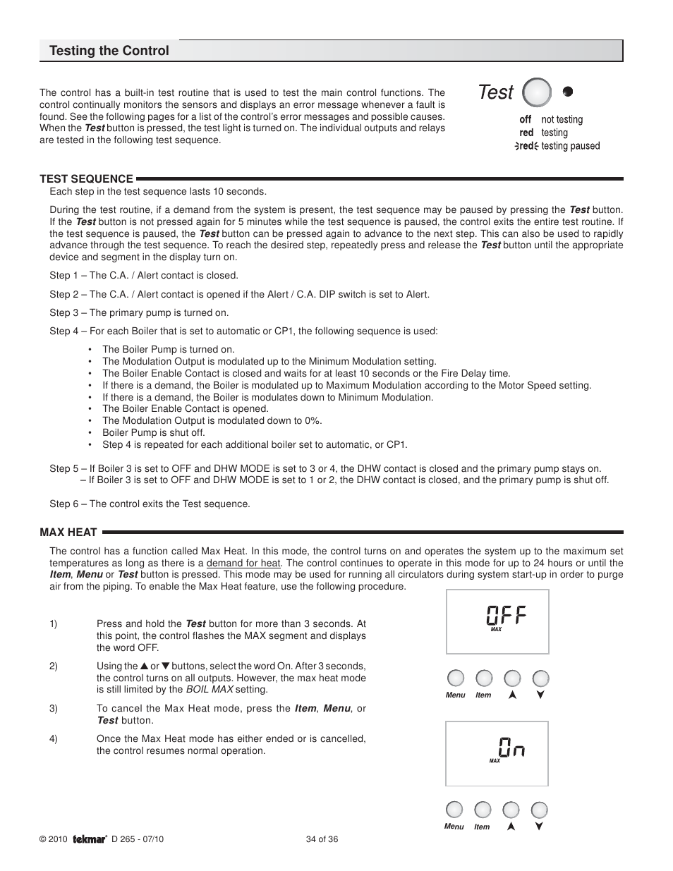 Testing the control | tekmar 265 Boiler Control User Manual | Page 34 / 36