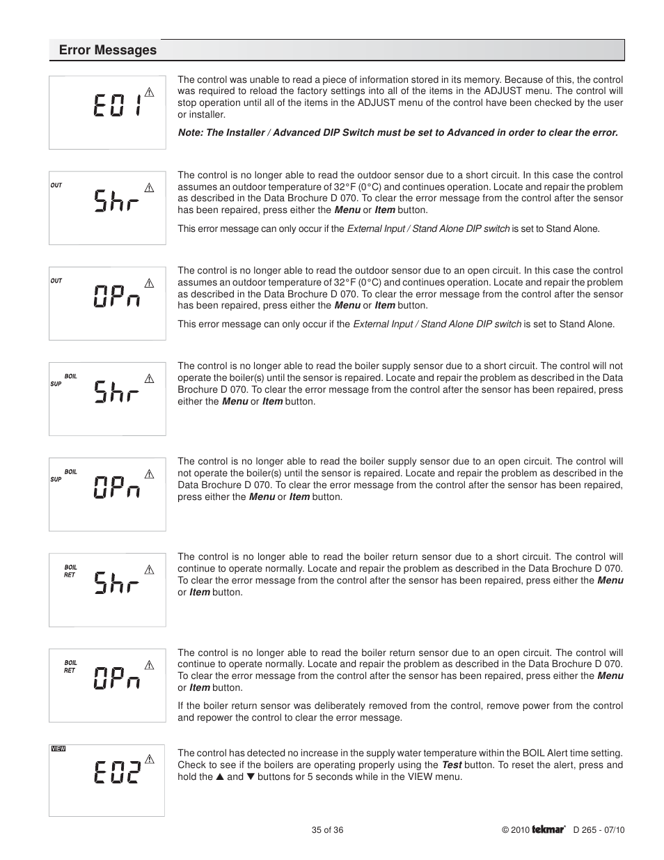 Error messages | tekmar 265 Boiler Control User Manual | Page 35 / 36