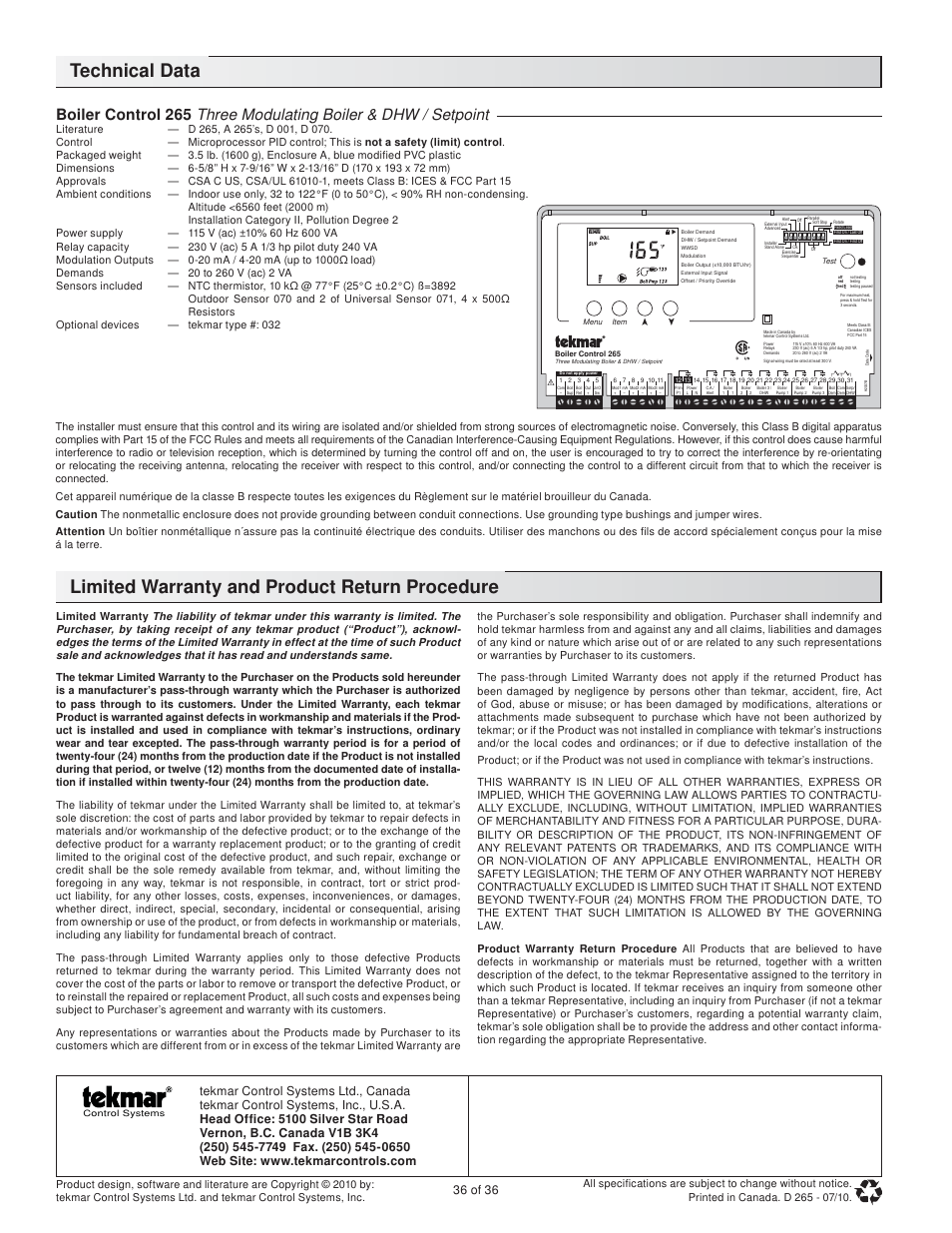 Technical data, Limited warranty and product return procedure, 36 of 36 | tekmar 265 Boiler Control User Manual | Page 36 / 36