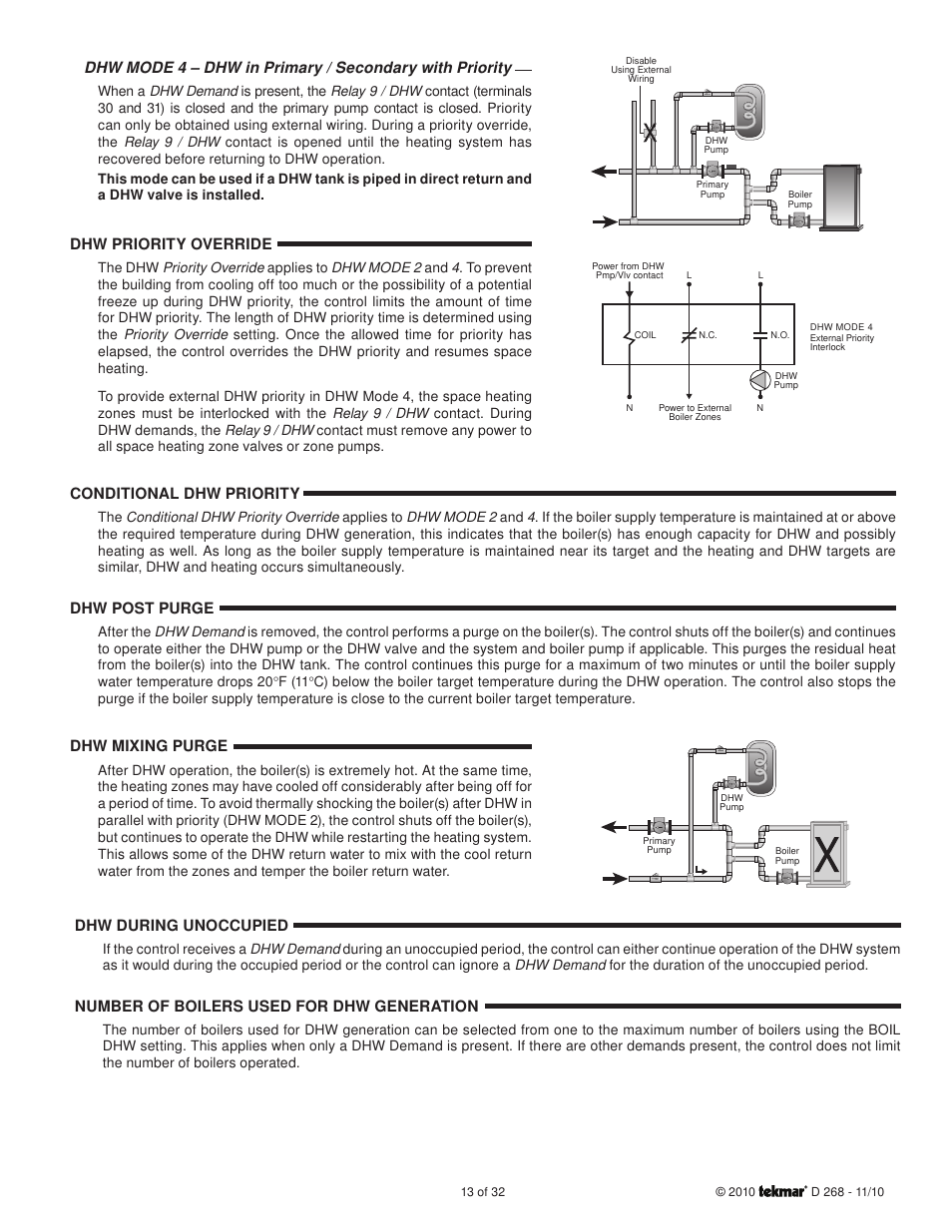 Conditional dhw priority, Dhw post purge, Dhw priority override | Dhw during unoccupied, Number of boilers used for dhw generation, Dhw mixing purge | tekmar 268 Boiler Control User Manual | Page 13 / 32