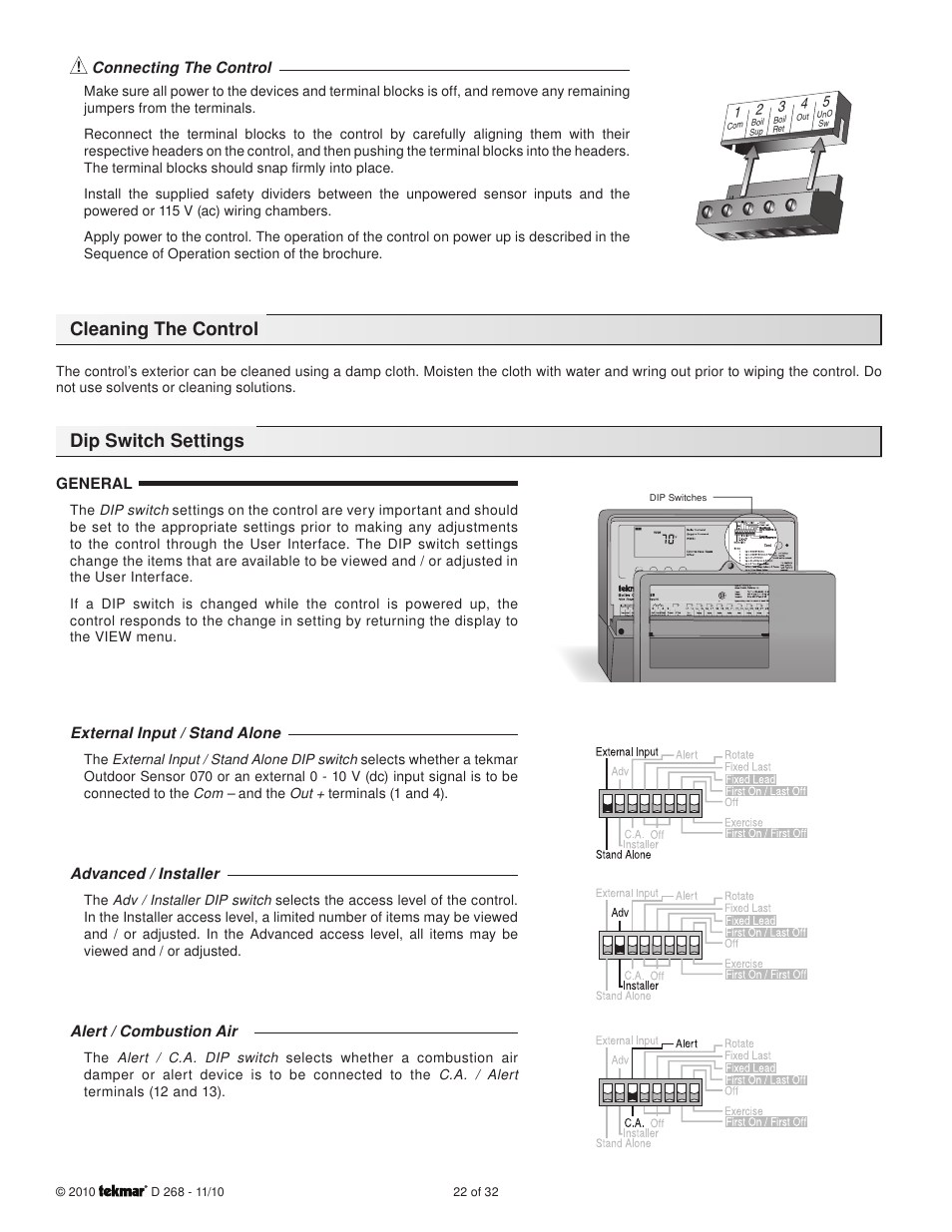 Cleaning the control dip switch settings | tekmar 268 Boiler Control User Manual | Page 22 / 32