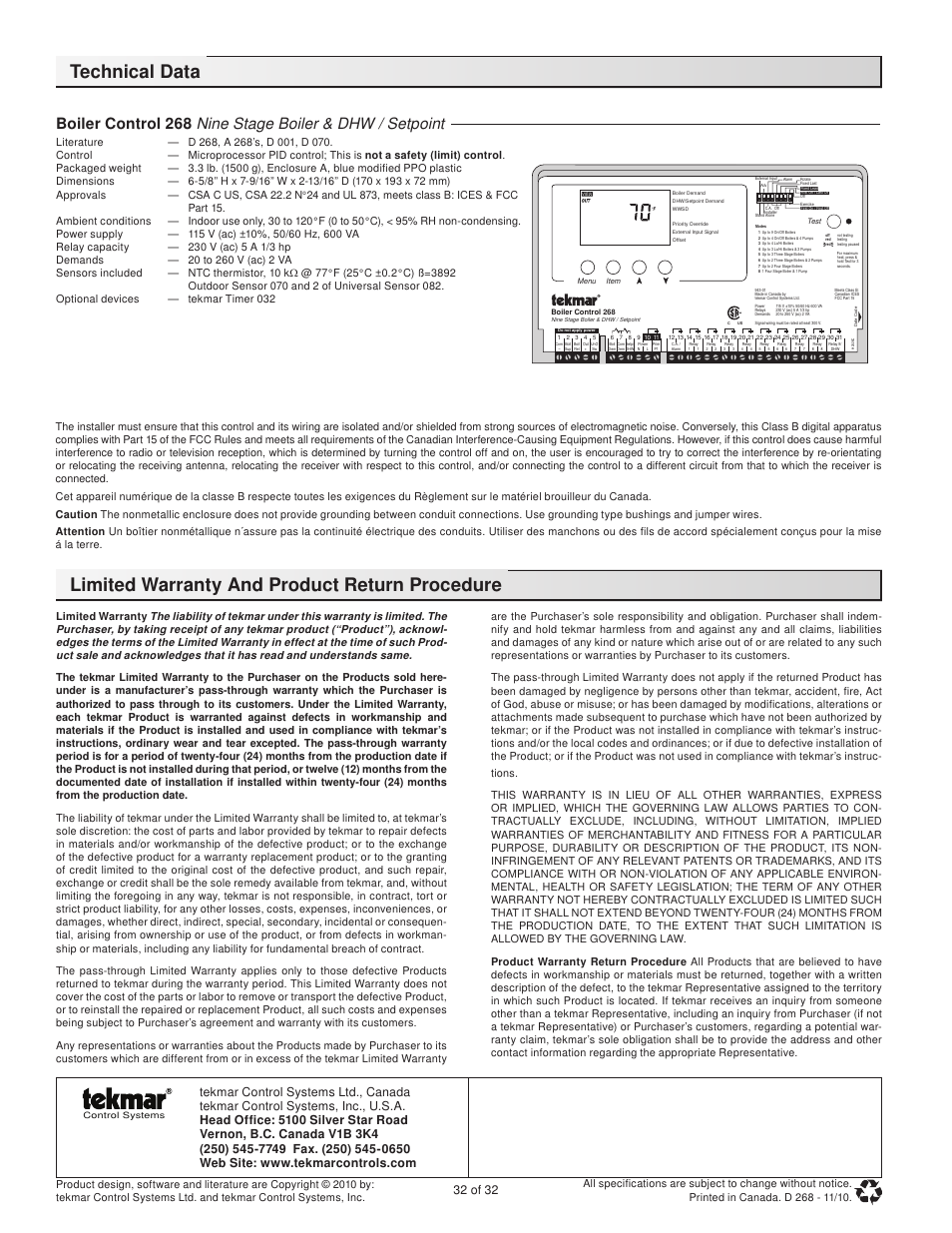 32 of 32 | tekmar 268 Boiler Control User Manual | Page 32 / 32