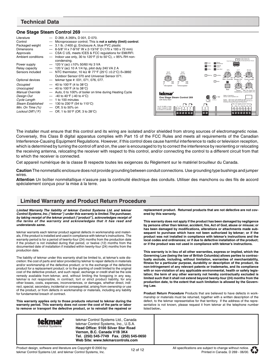 Technical data, One stage steam control 269, 12 of 12 | Occupied, Unoccupied, Manual override, Design out, Cycle length, Steam established, Min. on time (%) | tekmar 269 One Stage Steam Control User Manual | Page 12 / 12