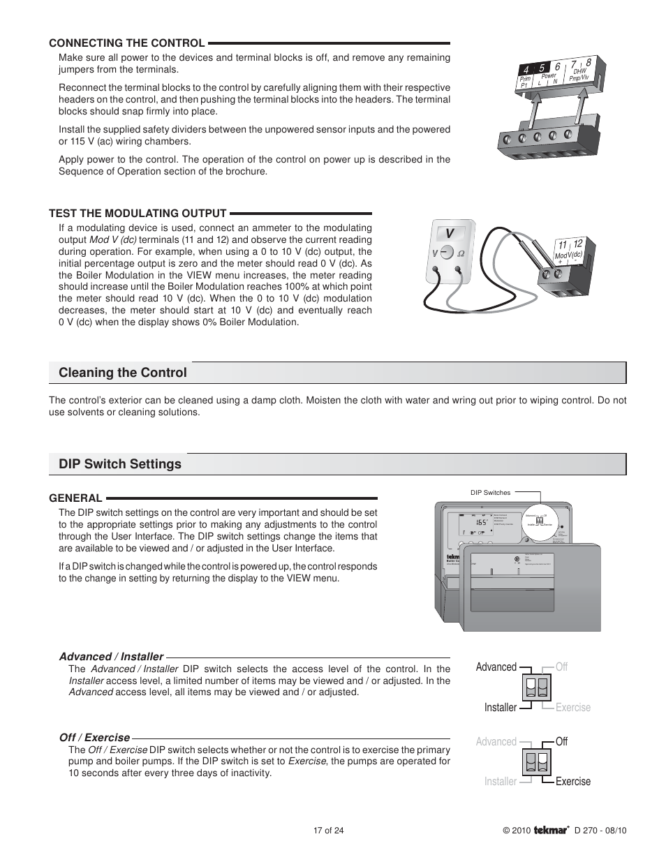 Cleaning the control, Dip switch settings, Connecting the control | Test the modulating output, General, Advanced / installer, Off / exercise | tekmar 270 Boiler Control User Manual | Page 17 / 24